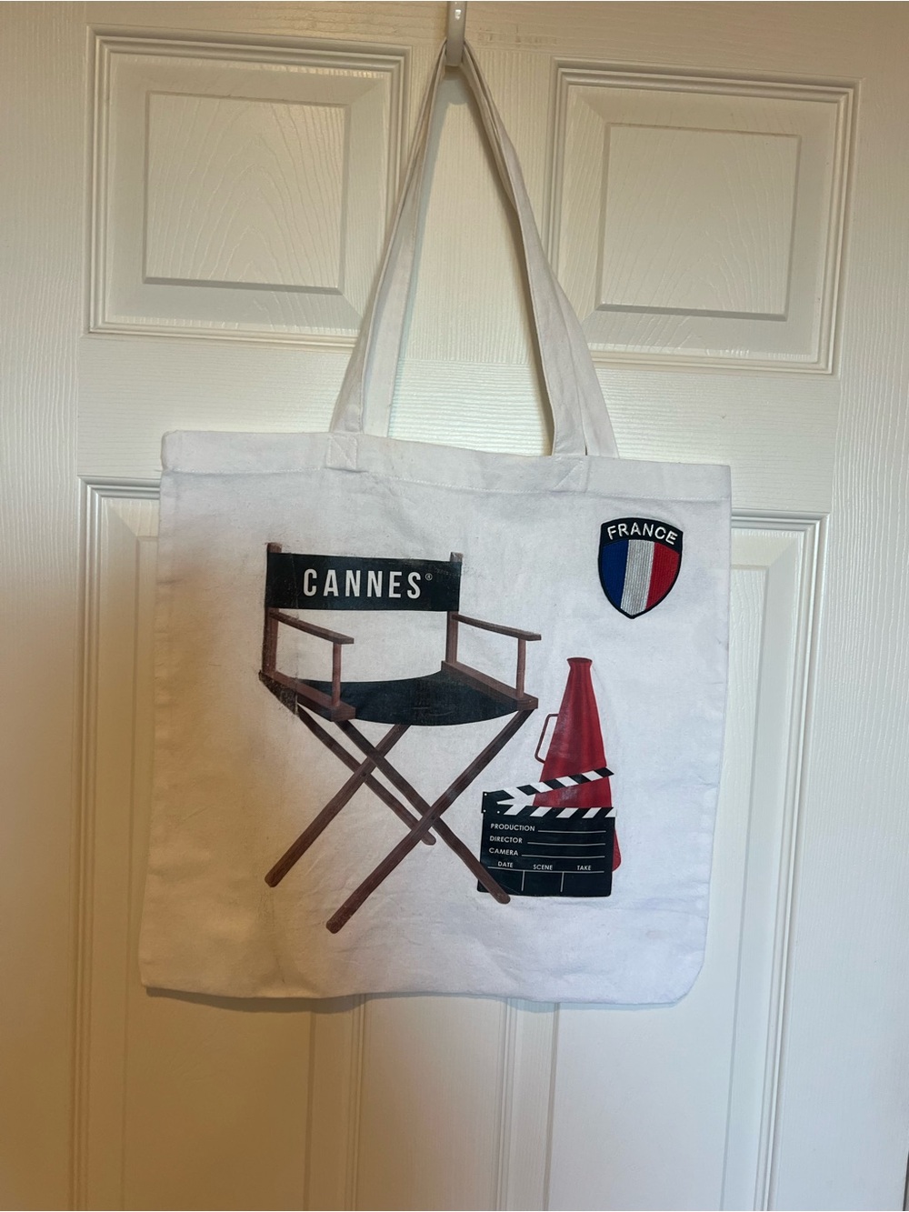 Cannes White Canvas Tote Bag with Film Crew Print